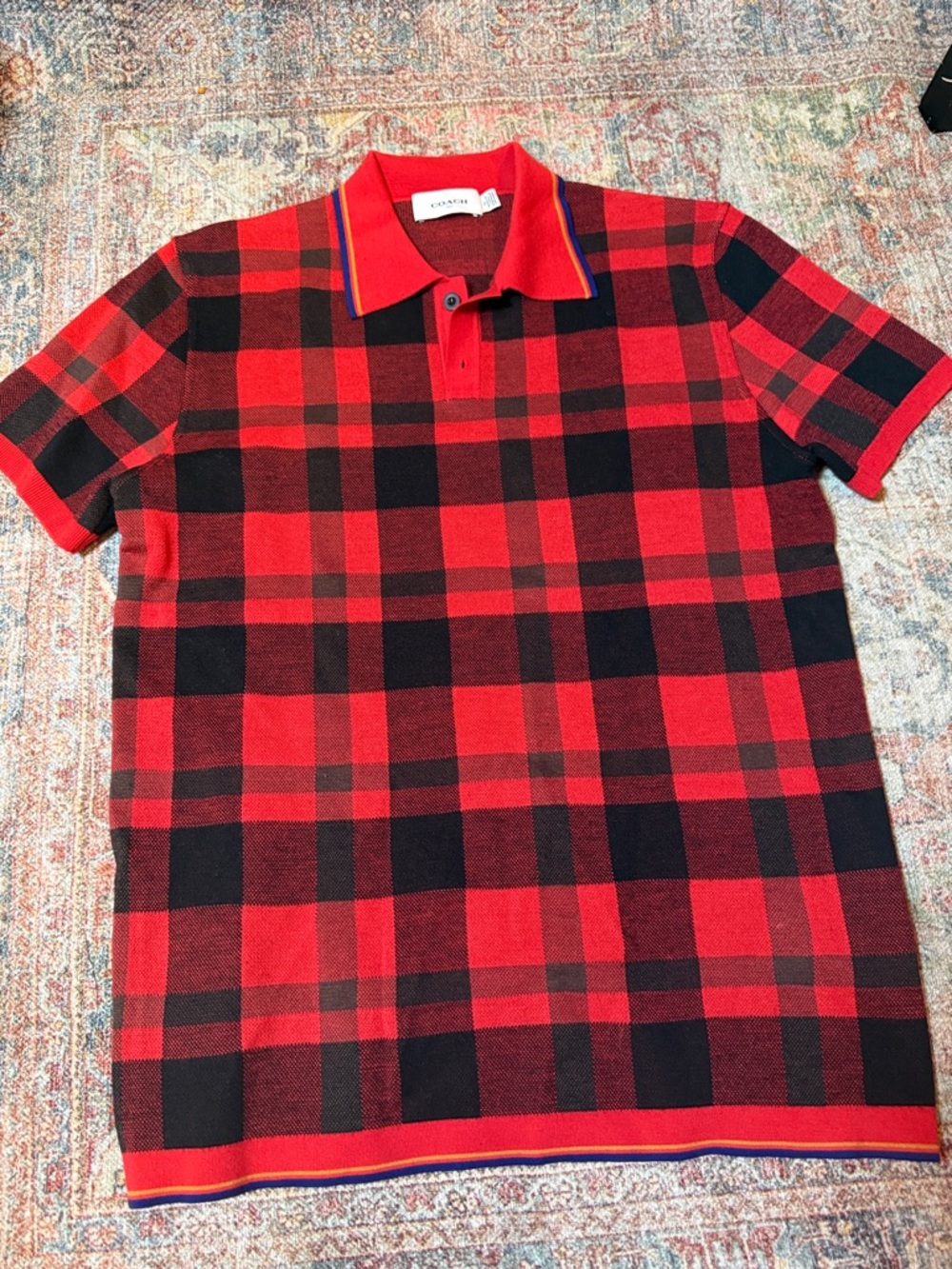 Coach Red & Black Plaid Short-Sleeve Sweater Polo